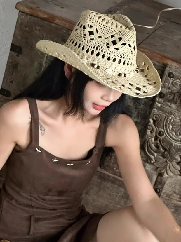 Summer with Shell Beach Hat Women Western Cowboy Hat Wide Brim Sunscreen Sun Hats for Outdoor Breathable Hand-Woven Straw Panama