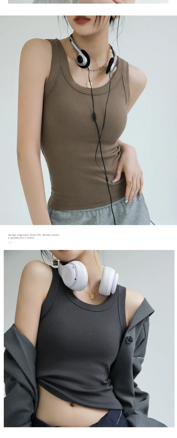 Ribbed Knitted Tops Neck Summer Basic Shirts White Black Casual Sport Vest Off Shoulder  Women's Tank TopWith chest pad