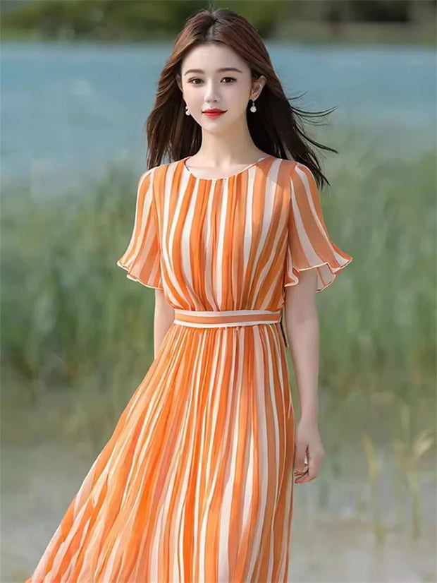 Orange Striped Dress With A Goddess Like Temperament And A Sense Of Luxury Waist Cinching Dress For Women In Summer Short Sleeve