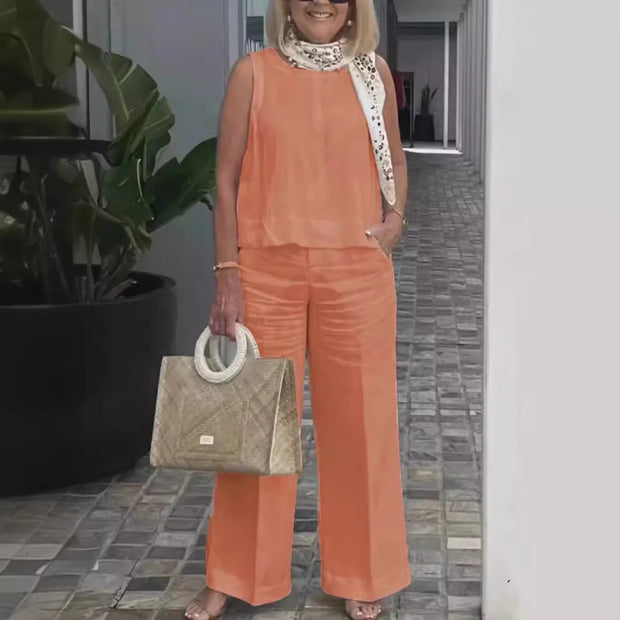 Summer Linen 2 Piece Set Women Casual Solid 2 Piece Outfit Sleeveless Blouse Tops Wide Leg Pants Suit Women Street Wear Sets