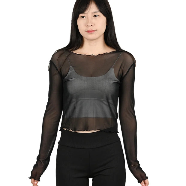 Summer Women Sunscreen T-shirt Girls Sexy Black Mesh Long-sleeved Tops Famale Ice Silk Transparent Sheer Bottom Blouses Shirts