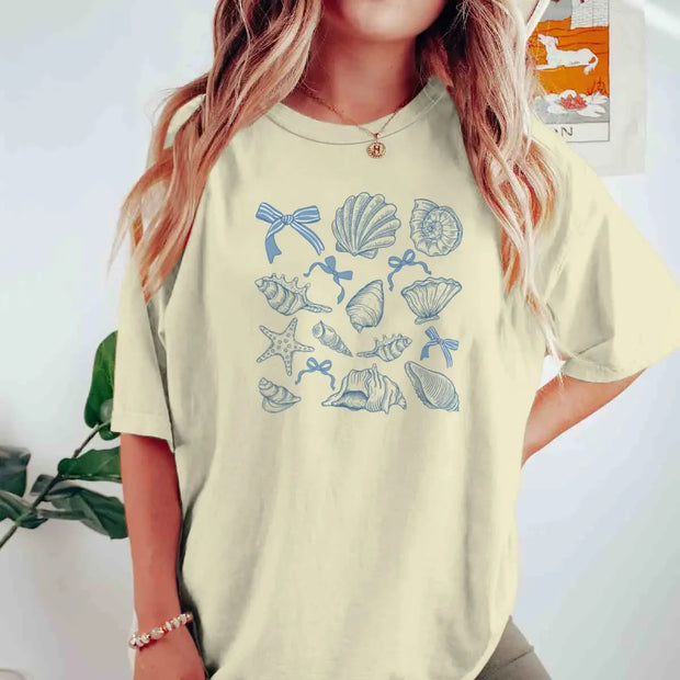 Summer Four Seasons Ins Personality American Blue Bow Shell Printing Women's T-shirt Fashionable Oversized Half-sleeved Top