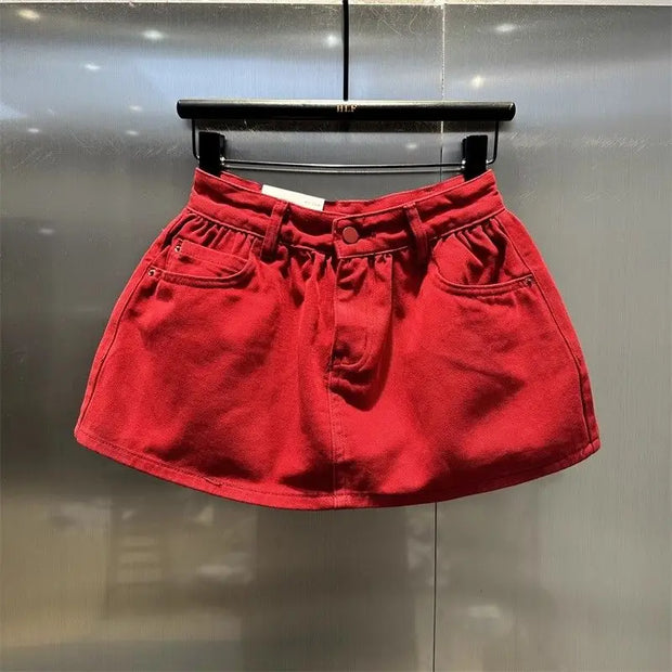 Red High-waisted Denim Skirt 2025 Summer Fashion A-word Anti-light Mini Skirt