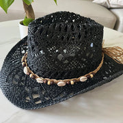 Summer Bohemian Shell Straw Hat Beach Women Men Cowboy Hats Wooden Beads Hollow Out Western Wide Brim Sun Hat Holiday Cap