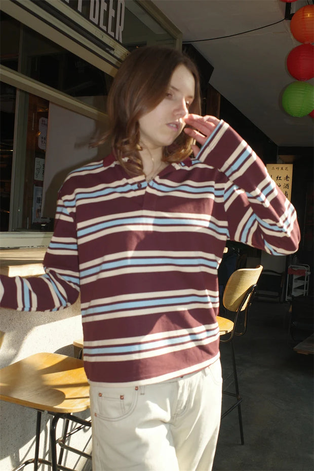 Summer Polo Shirts Woman Long Sleeve Crop Top Color Block Green Stripe Print Polo Shirts Mujer Casual Tops Striped Brown Autumn