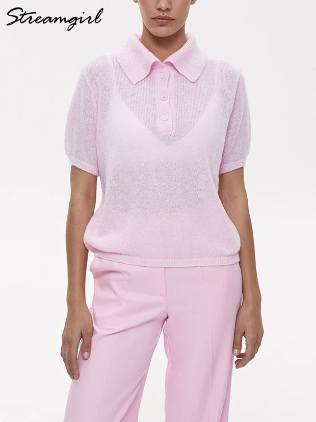 Summer Knitted Polo T Shirt Women Pink Short Puff Sleeve Top Knit Tees White Thin Women's T-shirt Simple Summer Tops For Woman
