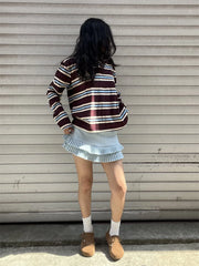 Summer Polo Shirts Woman Long Sleeve Crop Top Color Block Green Stripe Print Polo Shirts Mujer Casual Tops Striped Brown Autumn