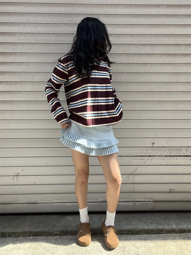 Summer Polo Shirts Woman Long Sleeve Crop Top Color Block Green Stripe Print Polo Shirts Mujer Casual Tops Striped Brown Autumn