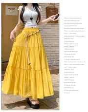 Boho Summer Cotton-Linen Midi Skirt: Flowy A-Line Pleated Long Skirt with Slimming Fit & Hip-Hiding Design for Resort Vacations