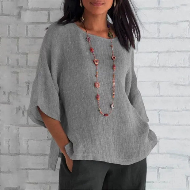 Cotton Linen Blouse Shirts Summer O-Neck Three Quarter Loose Casual Linen Blouse Tops Summer Cothes For Women Streetwear