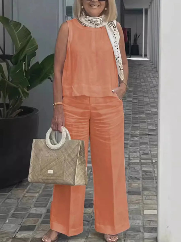 Summer Linen 2 Piece Set Women Casual Solid 2 Piece Outfit Sleeveless Blouse Tops Wide Leg Pants Suit Women Street Wear Sets