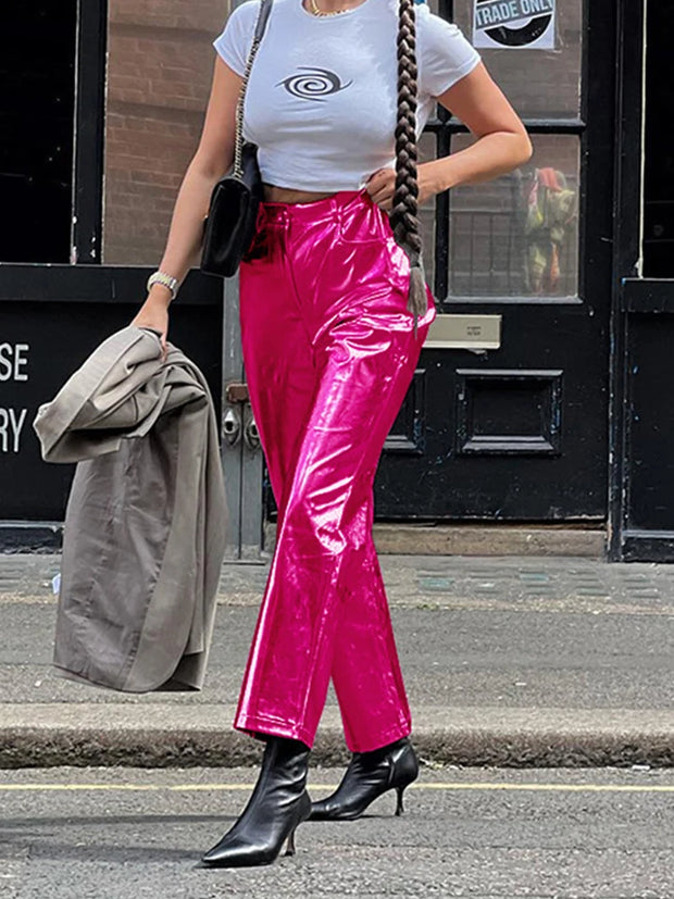 Silver Summer Straight Women's Pants PU Clothing Solid Casual Pocket Trousers Streetwear Fashion High Waist Ankle-Length Pants