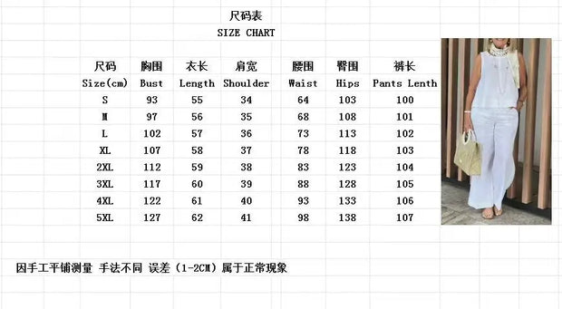 Summer Linen 2 Piece Set Women Casual Solid 2 Piece Outfit Sleeveless Blouse Tops Wide Leg Pants Suit Women Street Wear Sets