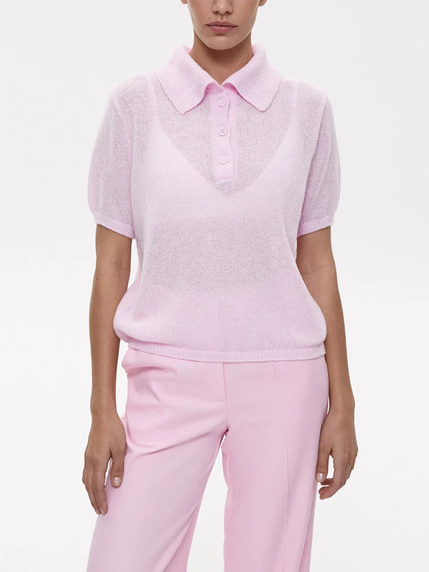 Summer Knitted Polo T Shirt Women Pink Short Puff Sleeve Top Knit Tees White Thin Women's T-shirt Simple Summer Tops For Woman