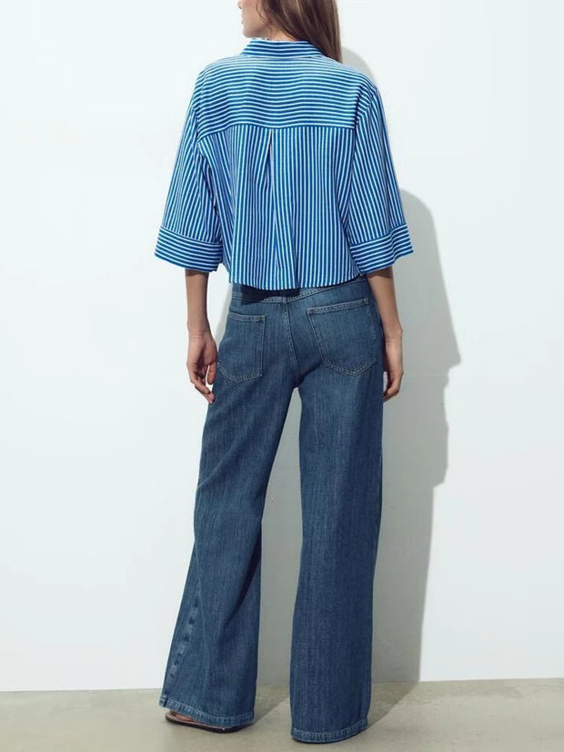 Street Sle mat Casual irt Women's Summer 2025 Wide Sve Turn-down Collar Versatile Polyester Fiber Six Sve Le...