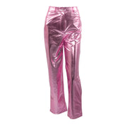 Silver Summer Straight Women's Pants PU Clothing Solid Casual Pocket Trousers Streetwear Fashion High Waist Ankle-Length Pants