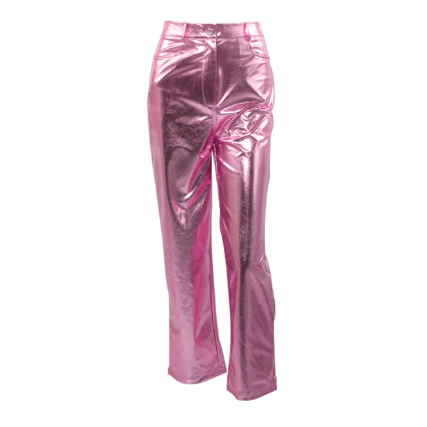 Silver Summer Straight Women's Pants PU Clothing Solid Casual Pocket Trousers Streetwear Fashion High Waist Ankle-Length Pants
