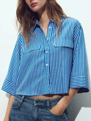 Street Sle mat Casual irt Women's Summer 2025 Wide Sve Turn-down Collar Versatile Polyester Fiber Six Sve Le...