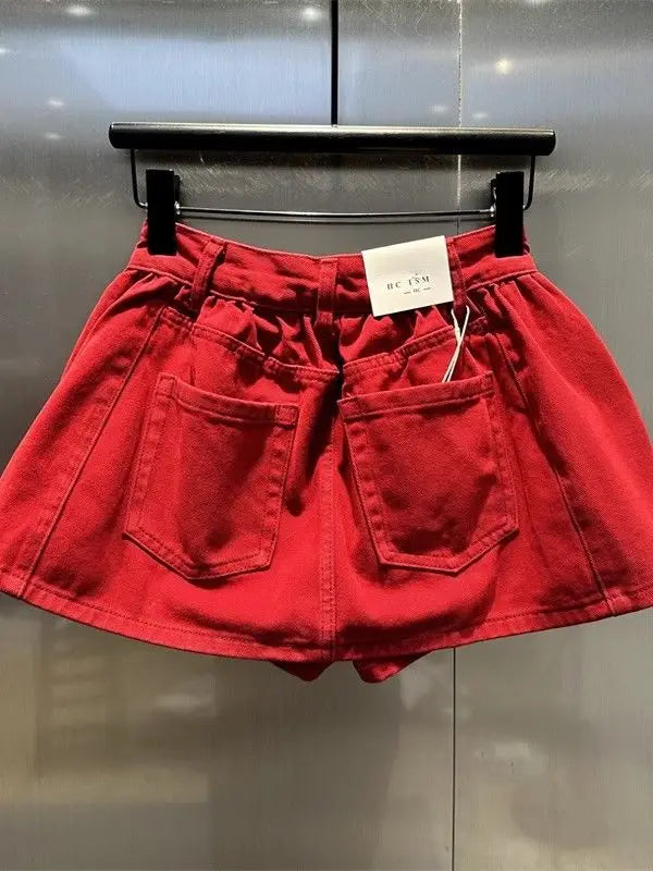 Red High-waisted Denim Skirt 2025 Summer Fashion A-word Anti-light Mini Skirt