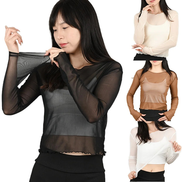 Summer Women Sunscreen T-shirt Girls Sexy Black Mesh Long-sleeved Tops Famale Ice Silk Transparent Sheer Bottom Blouses Shirts
