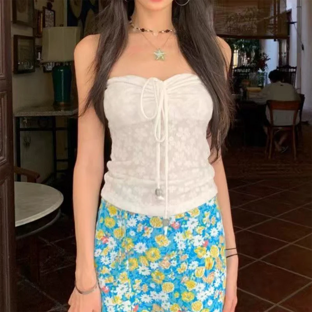 Summer Beach Vacation Floral Tube Top for Women Lace up Camisole Sexy Backless Basic Tank Top Halter Camis Y2k Streetwear