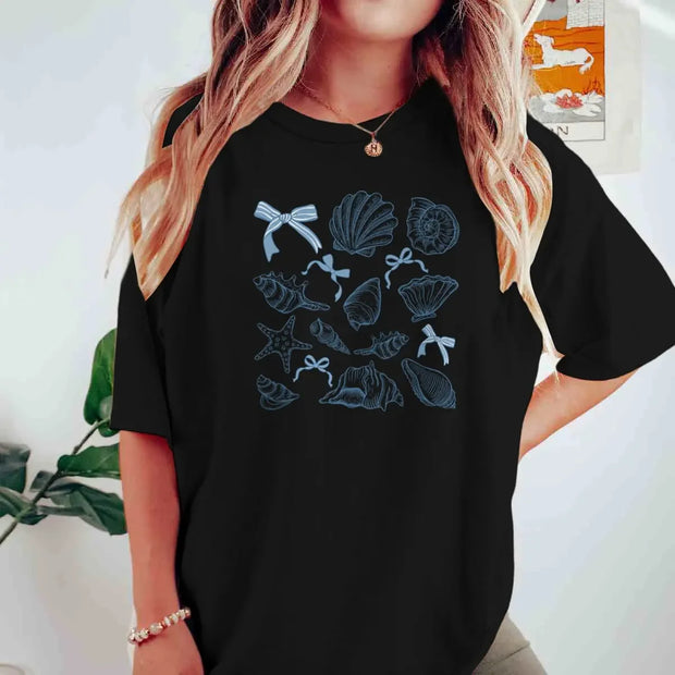 Summer Four Seasons Ins Personality American Blue Bow Shell Printing Women's T-shirt Fashionable Oversized Half-sleeved Top