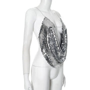 2025 Summer Silver Sparkling Camisole Fashion Sexy Hot Girls Sequins V-Neck Hanging Neck Backless Top Y2k Party Looks Top Women