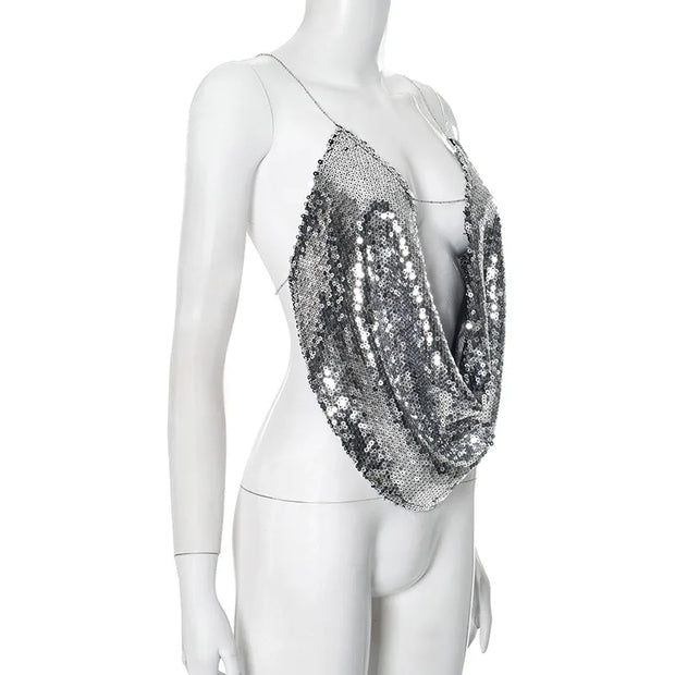 2025 Summer Silver Sparkling Camisole Fashion Sexy Hot Girls Sequins V-Neck Hanging Neck Backless Top Y2k Party Looks Top Women