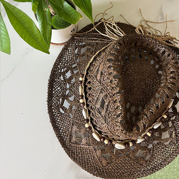 Summer Bohemian Shell Straw Hat Beach Women Men Cowboy Hats Wooden Beads Hollow Out Western Wide Brim Sun Hat Holiday Cap
