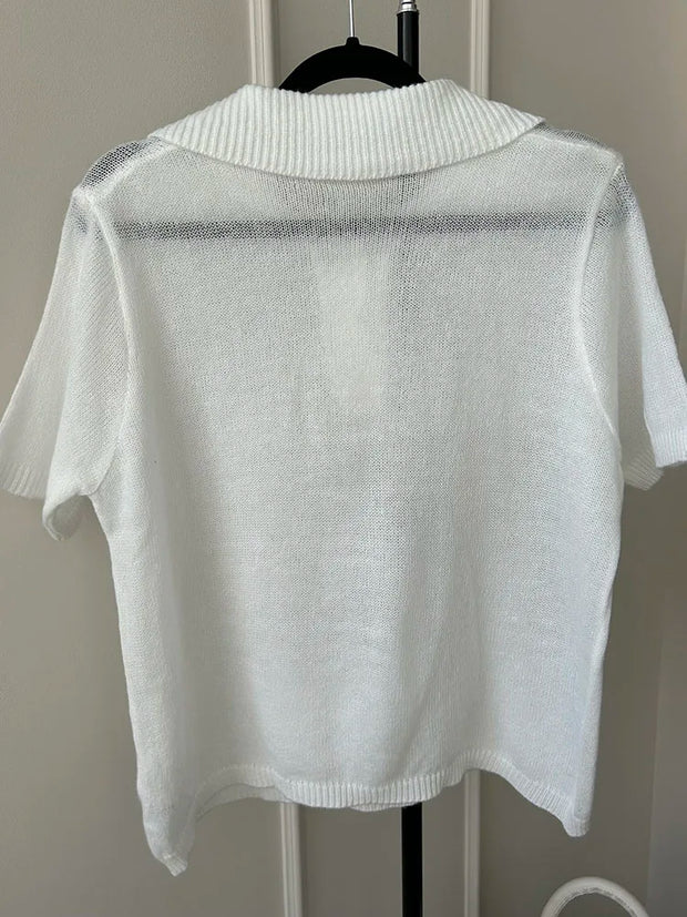 Summer Knitted Polo T Shirt Women Pink Short Puff Sleeve Top Knit Tees White Thin Women's T-shirt Simple Summer Tops For Woman