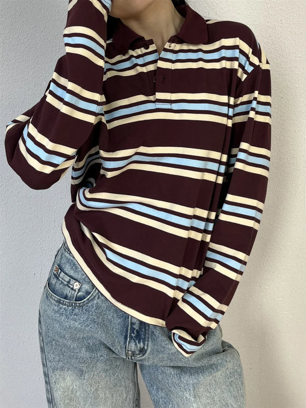 Summer Polo Shirts Woman Long Sleeve Crop Top Color Block Green Stripe Print Polo Shirts Mujer Casual Tops Striped Brown Autumn