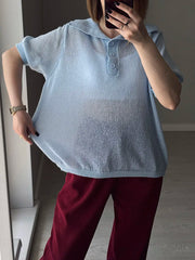 Summer Knitted Polo T Shirt Women Pink Short Puff Sleeve Top Knit Tees White Thin Women's T-shirt Simple Summer Tops For Woman