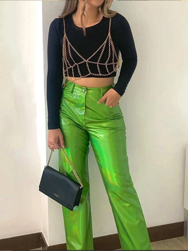 Silver Summer Straight Women's Pants PU Clothing Solid Casual Pocket Trousers Streetwear Fashion High Waist Ankle-Length Pants