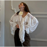 Mesh Sheer Shirt Women Elegant Pleated Layered Deep V Neck Flare Sleeve Pullover Blouse Female 2025 New Commute High Streetwears