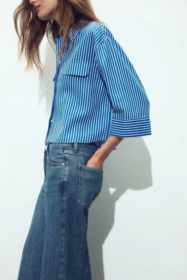 Street Sle mat Casual irt Women's Summer 2025 Wide Sve Turn-down Collar Versatile Polyester Fiber Six Sve Le...