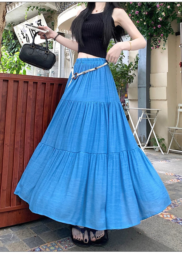 Boho Summer Cotton-Linen Midi Skirt: Flowy A-Line Pleated Long Skirt with Slimming Fit & Hip-Hiding Design for Resort Vacations