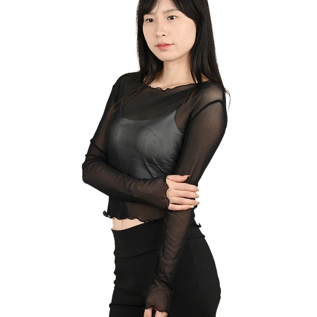 Summer Women Sunscreen T-shirt Girls Sexy Black Mesh Long-sleeved Tops Famale Ice Silk Transparent Sheer Bottom Blouses Shirts
