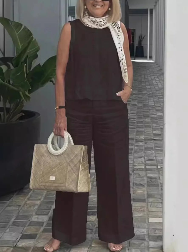 Summer Linen 2 Piece Set Women Casual Solid 2 Piece Outfit Sleeveless Blouse Tops Wide Leg Pants Suit Women Street Wear Sets