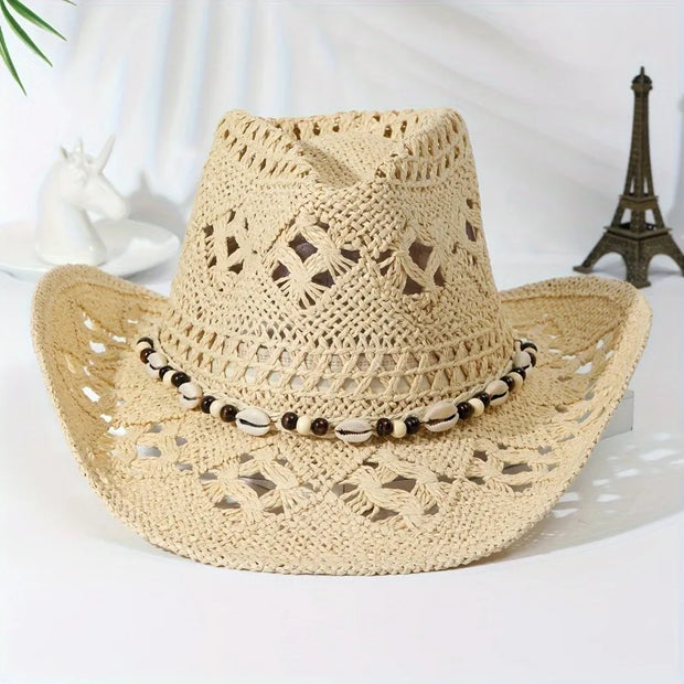 Summer with Shell Beach Hat Women Western Cowboy Hat Wide Brim Sunscreen Sun Hats for Outdoor Breathable Hand-Woven Straw Panama