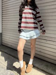 Summer Polo Shirts Woman Long Sleeve Crop Top Color Block Green Stripe Print Polo Shirts Mujer Casual Tops Striped Brown Autumn