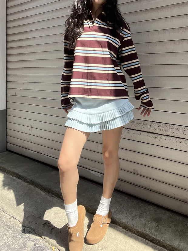 Summer Polo Shirts Woman Long Sleeve Crop Top Color Block Green Stripe Print Polo Shirts Mujer Casual Tops Striped Brown Autumn