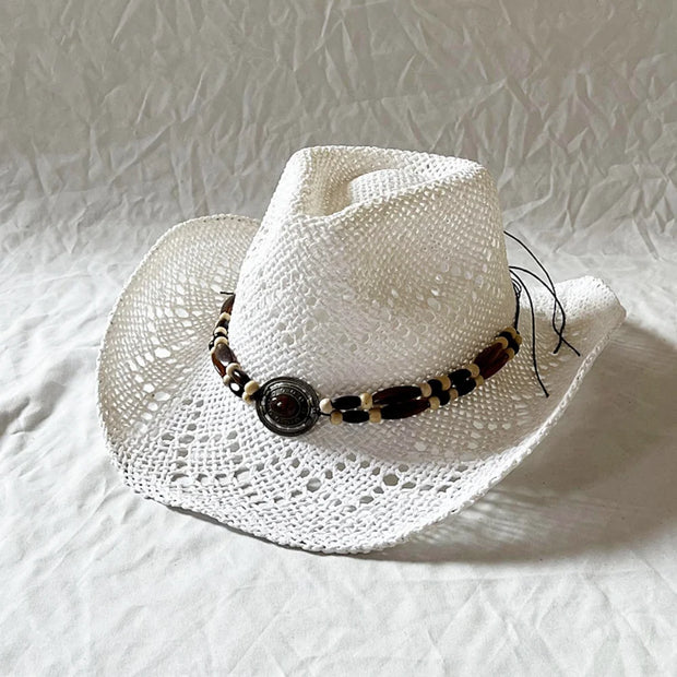 Summer Bohemian Shell Straw Hat Beach Women Men Cowboy Hats Wooden Beads Hollow Out Western Wide Brim Sun Hat Holiday Cap