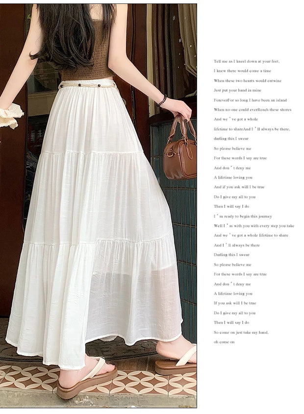 Boho Summer Cotton-Linen Midi Skirt: Flowy A-Line Pleated Long Skirt with Slimming Fit & Hip-Hiding Design for Resort Vacations