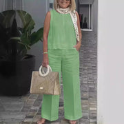 Summer Linen 2 Piece Set Women Casual Solid 2 Piece Outfit Sleeveless Blouse Tops Wide Leg Pants Suit Women Street Wear Sets