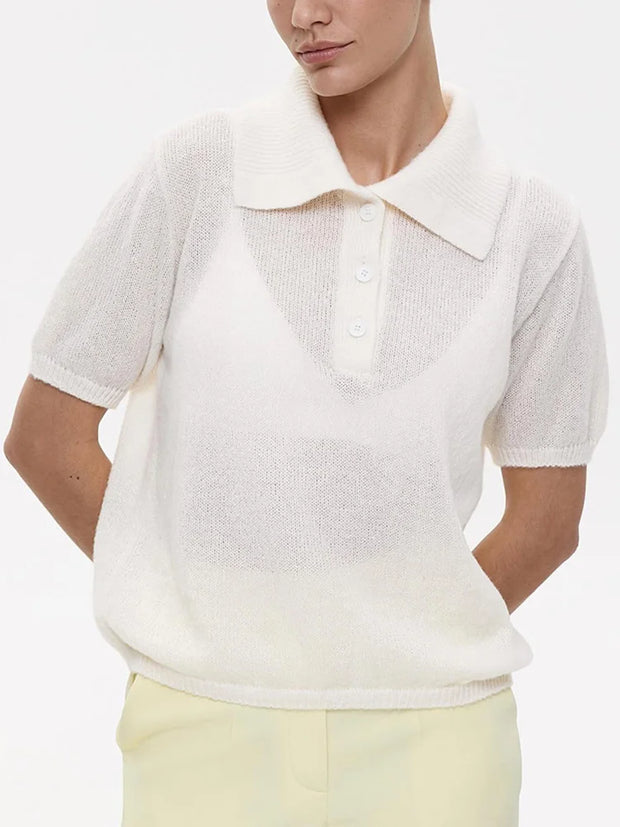 Summer Knitted Polo T Shirt Women Pink Short Puff Sleeve Top Knit Tees White Thin Women's T-shirt Simple Summer Tops For Woman