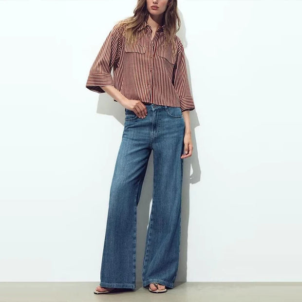 Street Sle mat Casual irt Women's Summer 2025 Wide Sve Turn-down Collar Versatile Polyester Fiber Six Sve Le...