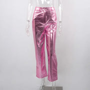 Silver Summer Straight Women's Pants PU Clothing Solid Casual Pocket Trousers Streetwear Fashion High Waist Ankle-Length Pants