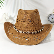 Summer with Shell Beach Hat Women Western Cowboy Hat Wide Brim Sunscreen Sun Hats for Outdoor Breathable Hand-Woven Straw Panama