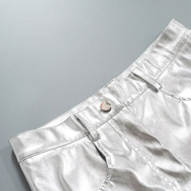 Silver Summer Straight Women's Pants PU Clothing Solid Casual Pocket Trousers Streetwear Fashion High Waist Ankle-Length Pants