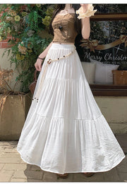 Boho Summer Cotton-Linen Midi Skirt: Flowy A-Line Pleated Long Skirt with Slimming Fit & Hip-Hiding Design for Resort Vacations